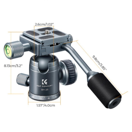 K&F Concept KF31.049V1 BH-26 - panoramiczna głowica kulowa z rączką video - wymiary